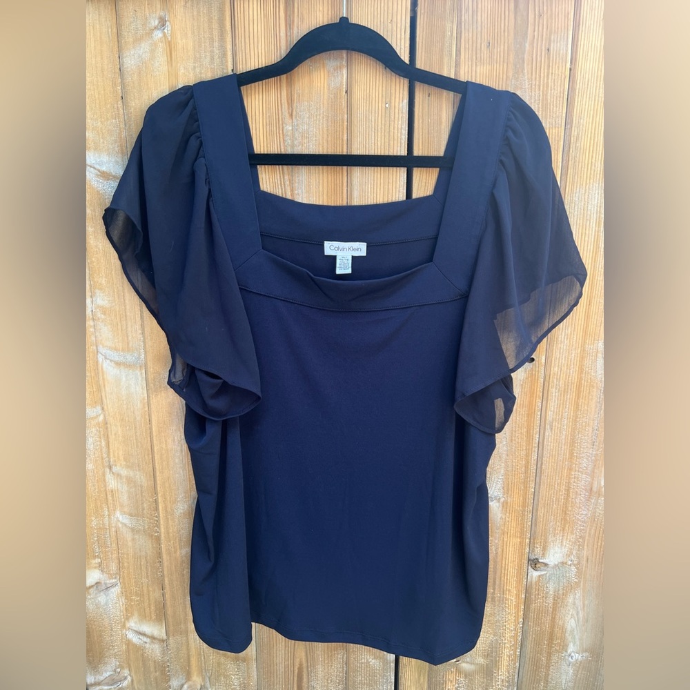 Calvin Klein Blue Ruffled Flutter Sleeve Blouse